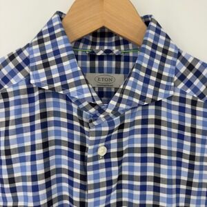 Eton Contemporary Blue Checkered Long Sleeve Button Up Shirt Mens Large
